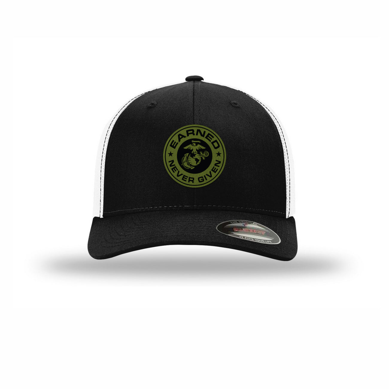 Flexfit Earned Never Given OD Green Patch Structured Trucker
