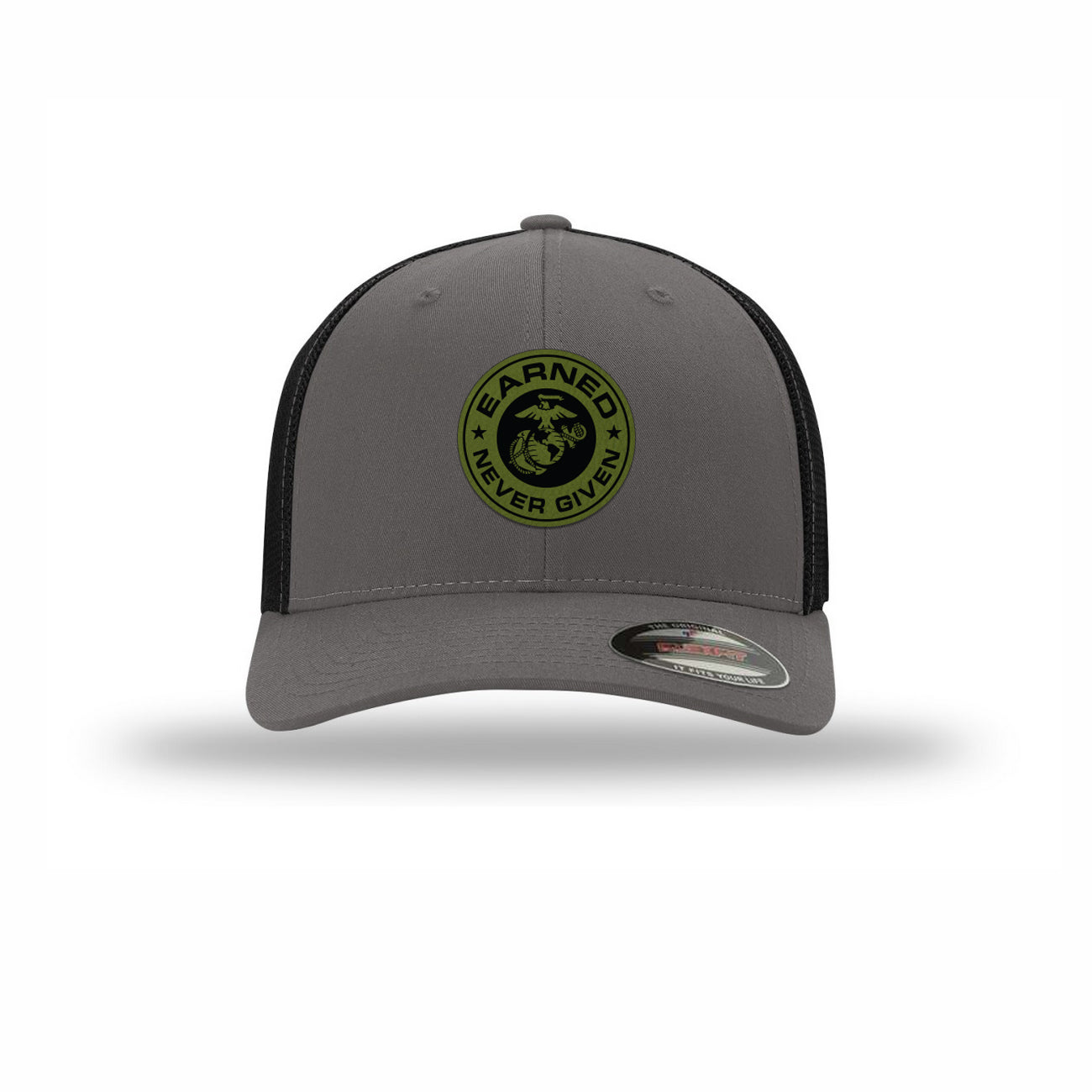 Flexfit Earned Never Given OD Green Patch Structured Trucker