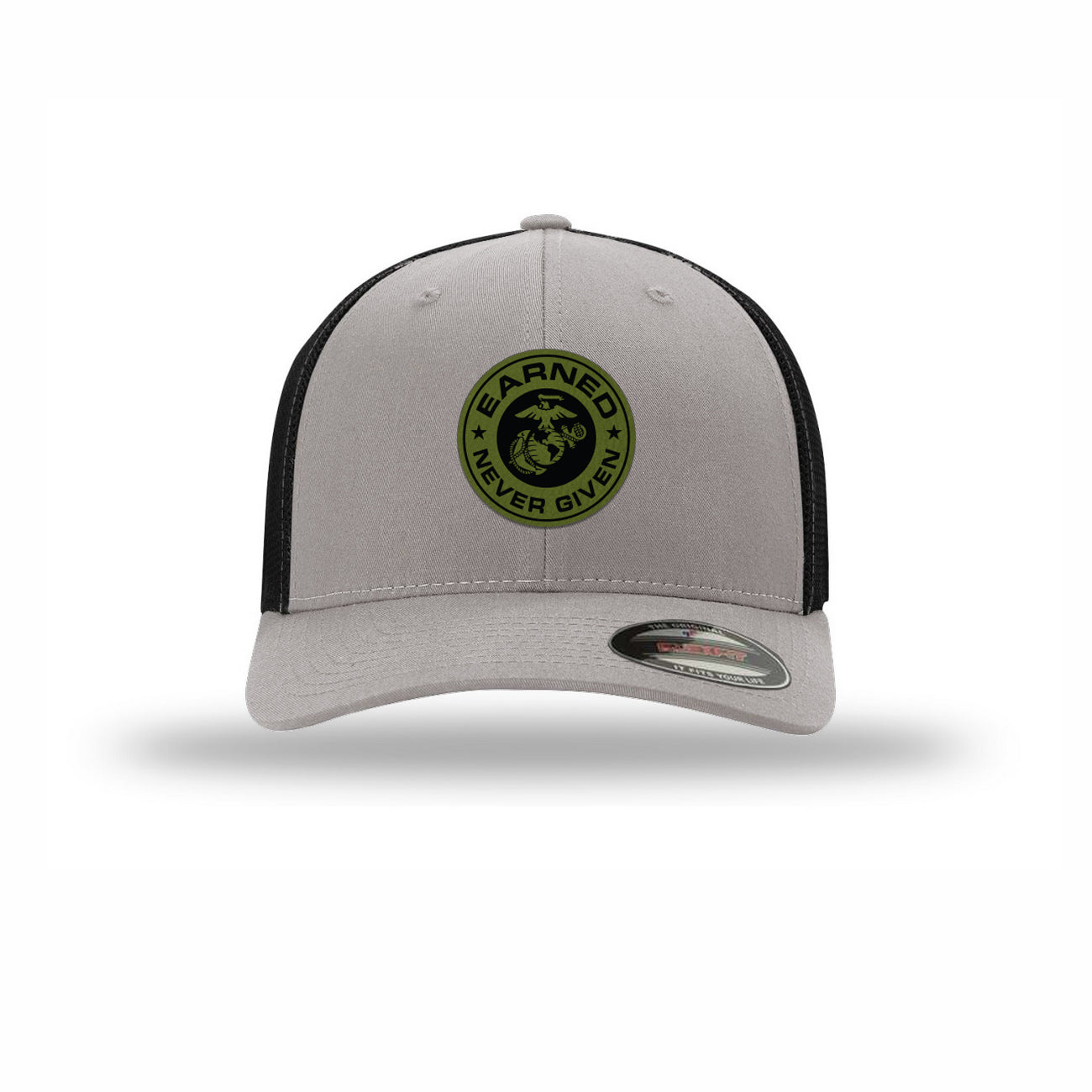 Flexfit Earned Never Given OD Green Patch Structured Trucker