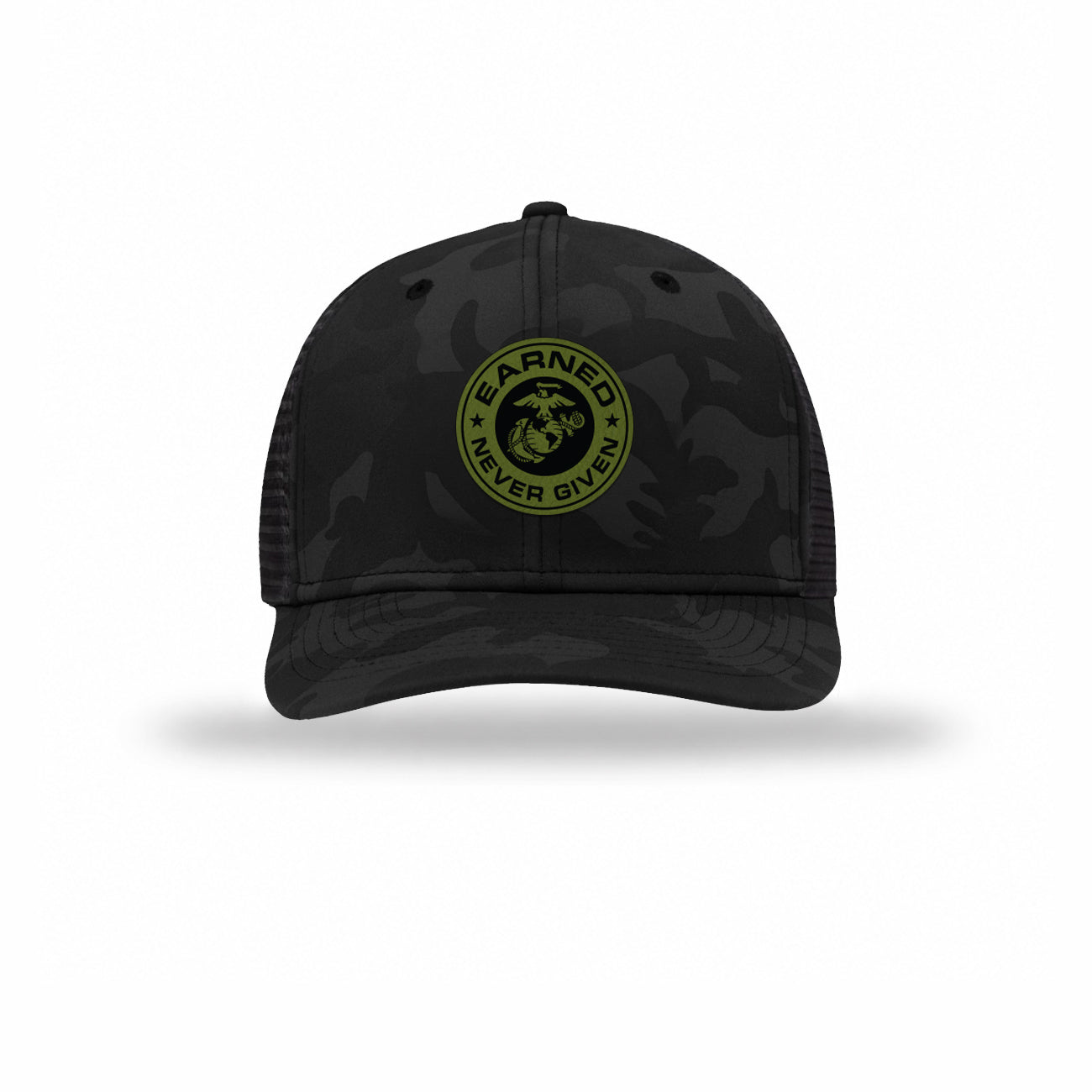 Earned Never Given OD Green Patch Camo Structured Trucker
